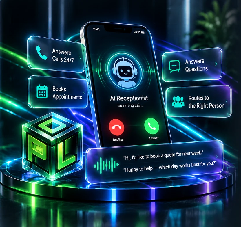 A phone showing an AI receptionist answering an incoming call, with the PDL cube and glass cards for answering calls, booking appointments, answering questions and routing callers